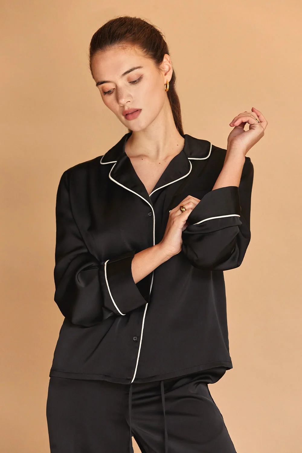 Satin Pajama Long Sleeve Top with Notched Lapel Collar
