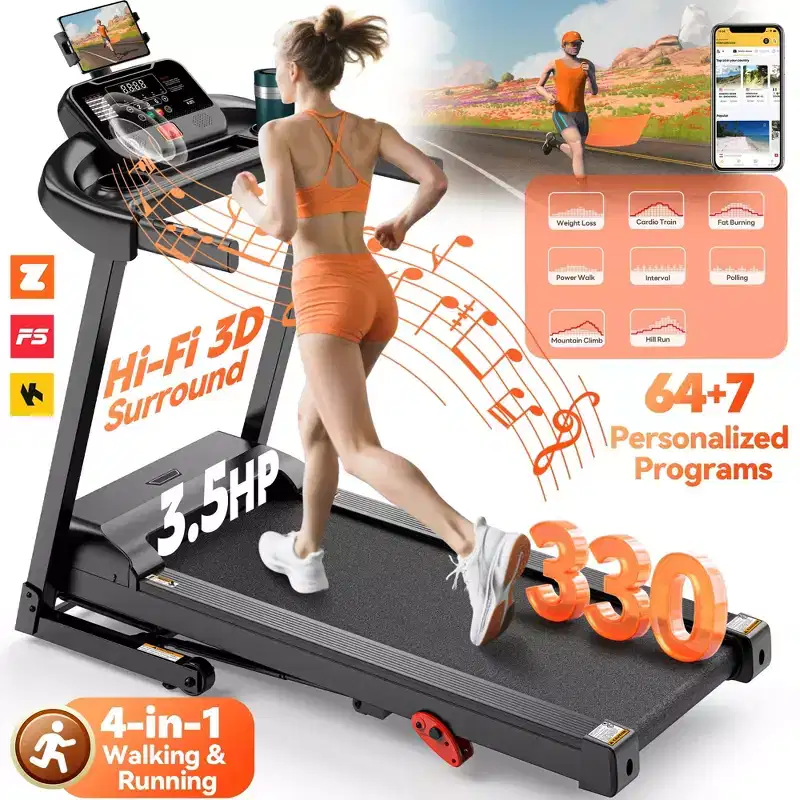 300lbs Capacity Foldable Treadmill for Home,3HP Incline Treadmill,64+7 Program,Portable Treadmill,7.5MPH,5-layer Belt, Free Jogging Walking Courses