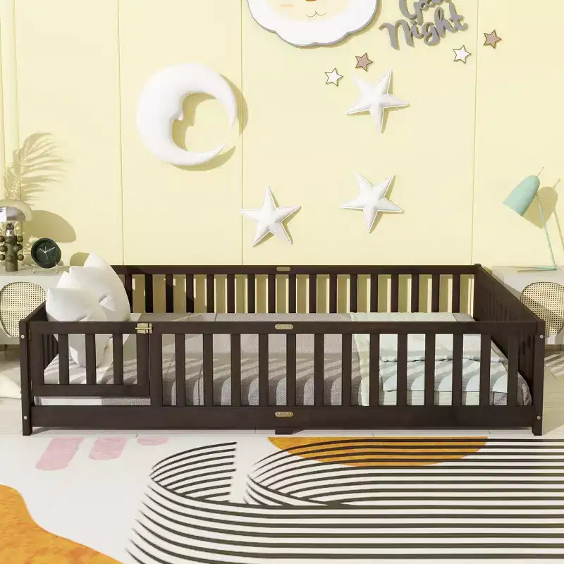 Bed Queen Size with Fence and Door, Solid Rubberwood Frame, Safety Guardrail, Large Ground Bed with Enclosure and Gate