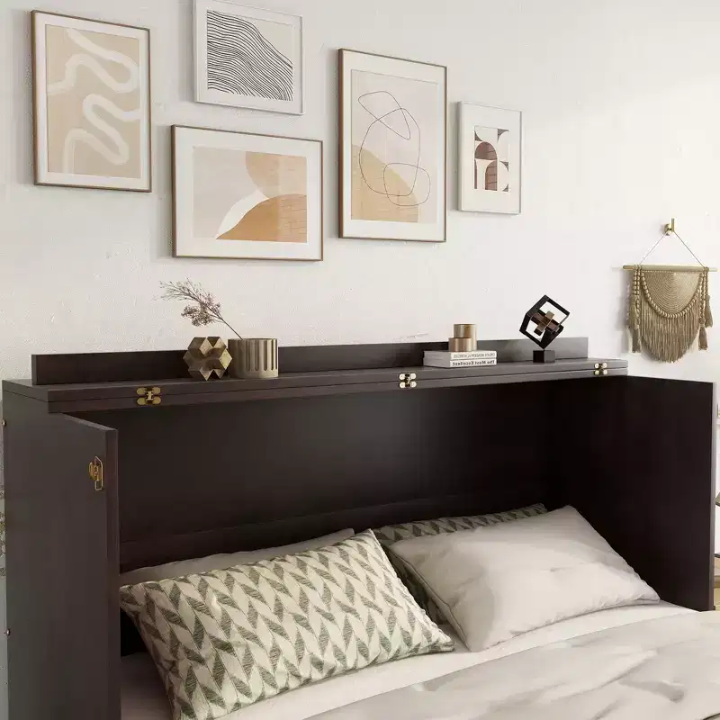Queen Murphy Bed Frame with USB Port and Storage Drawer for Bedroom Guest Room, Rattan Decoration Pine Wood Bed
