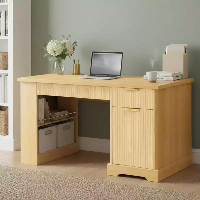 Okak Modern Fluted Wood Computer Desk with Cabinet & Pegboard & Keyboard Tray,Fashionable Storage Writing Desk for Office,Study