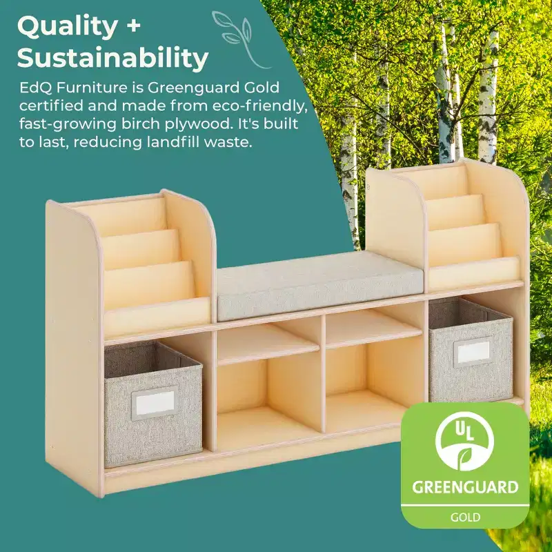 Guidecraft EdQ Reading Nook: Wooden Kids' Furniture for Book Storage with Bins and Cushioned Seat, Reading Bench Bookshelf