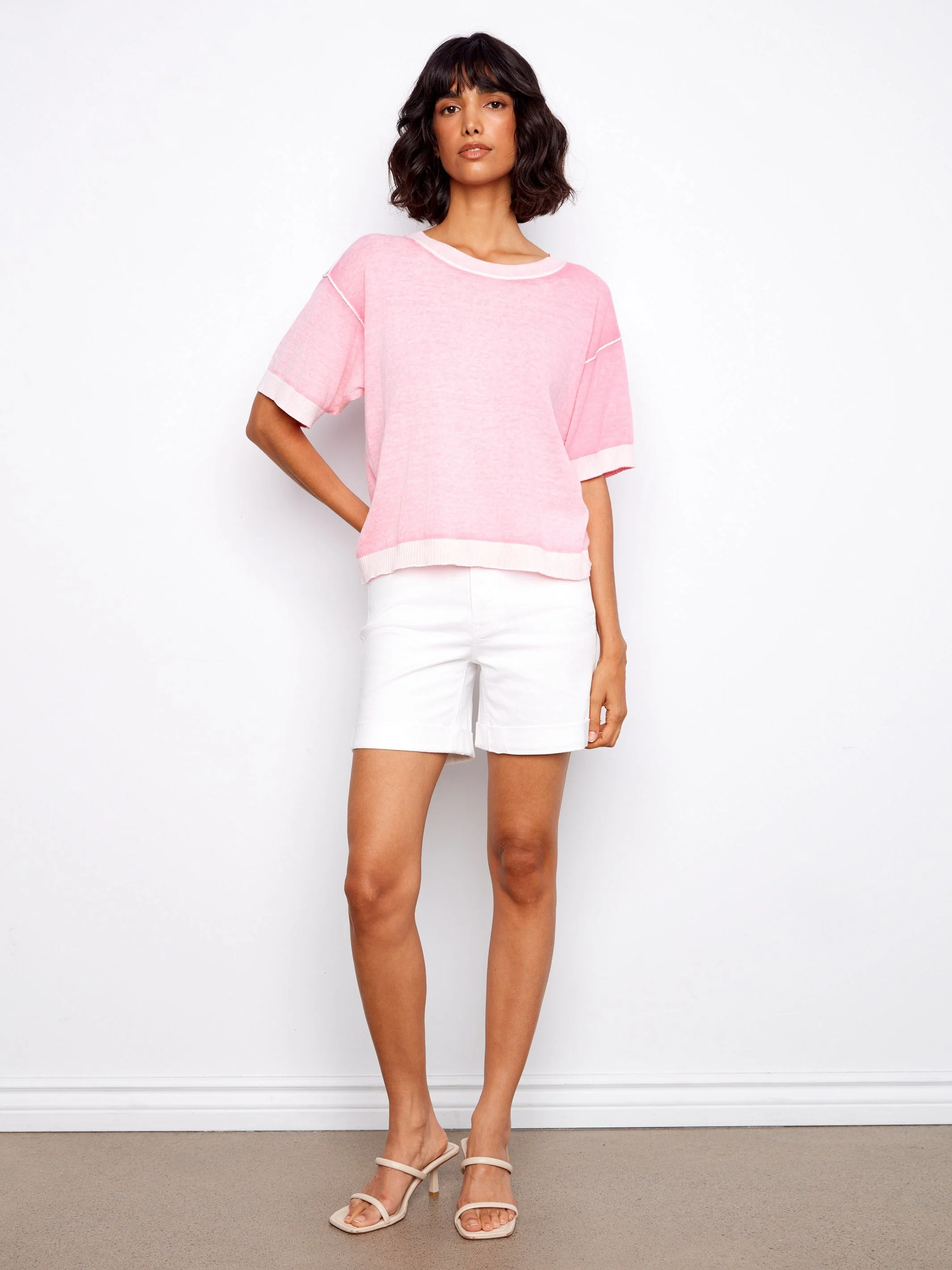 Short Sleeve Reverse Print Sweater - Pink