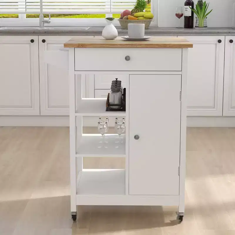 Modern Kitchen Island Cart with Adjustable Shelves, Center Drawer & Wheels, Storage Cabinet Dining Sideboard
