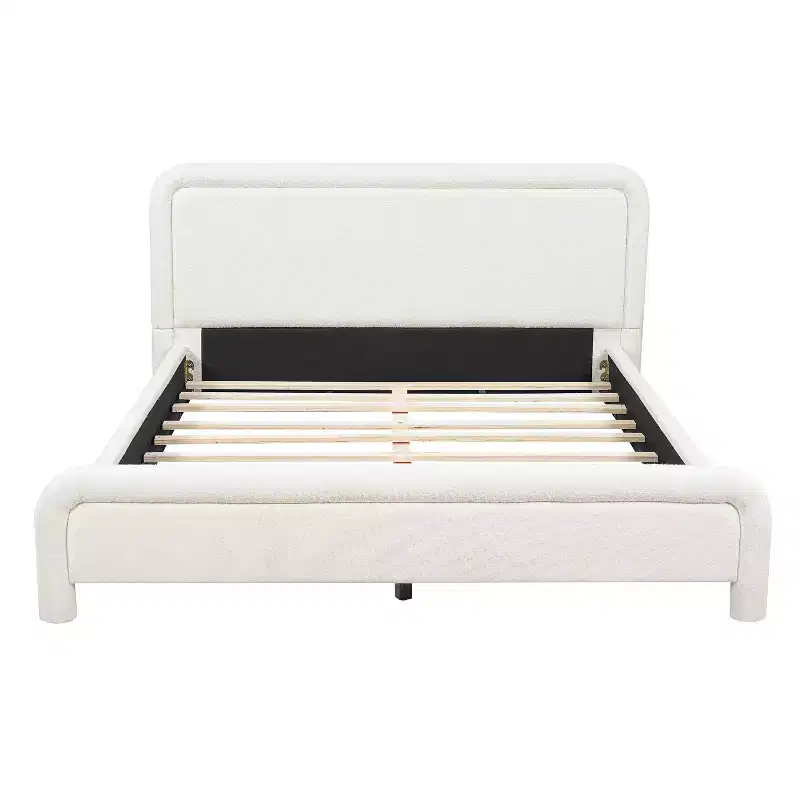 ModernLuxe Queen/King Size Upholstered Platform Bed with Curved Headboard, Solid Bed Frame, No Box Spring Needed, White