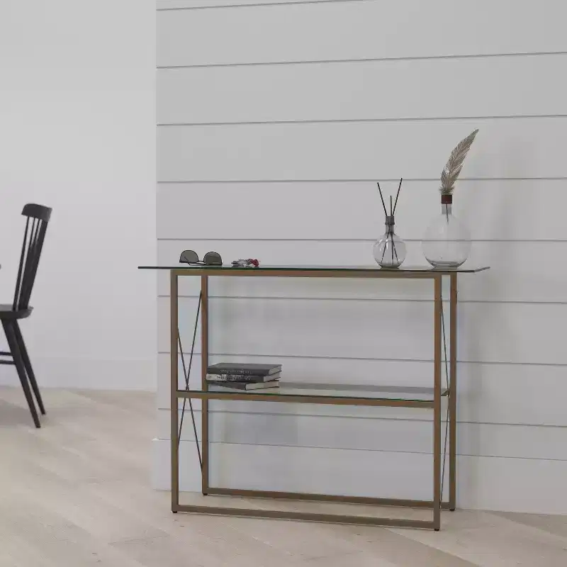 Modern Clear Glass Console Table — Gold Crisscross Frame, 2 Tempered Glass Shelves