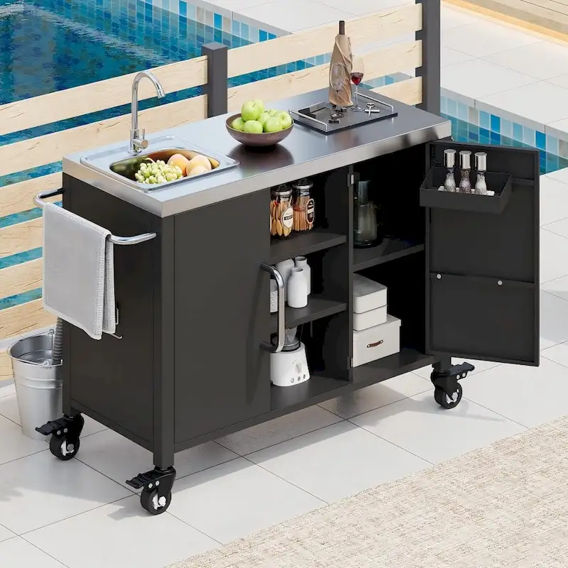 55.5 Outdoor Metal Kitchen Island with 304 Stainless Steel Sink and 4 Lockable Wheels