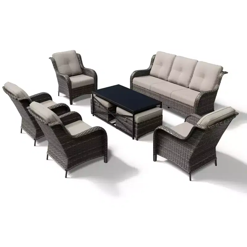 UPTIOT All-Weather Outdoor Sofa Set with Convertible Ottoman and Coffee Table