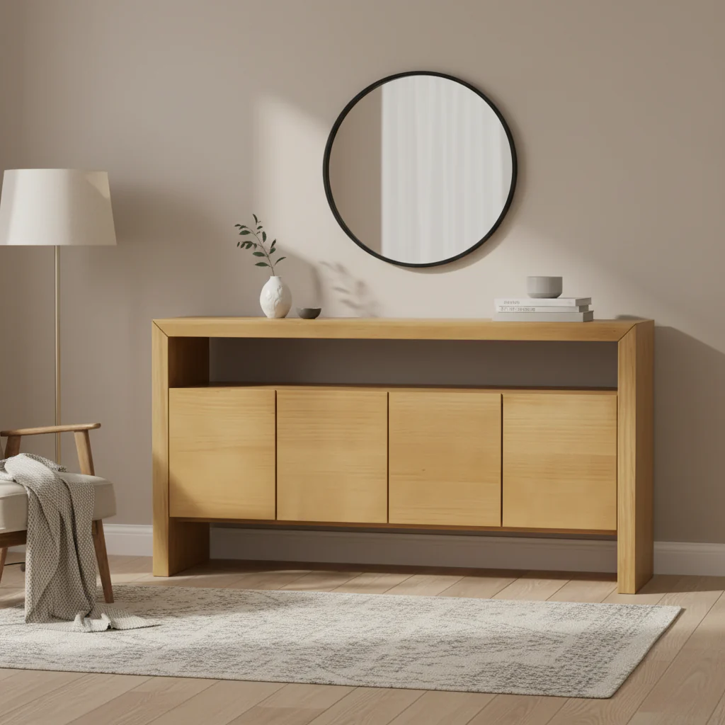 Modern Sideboard Buffet Cabinet with 4 Doors and Open Shelf, Natural Wood Finish