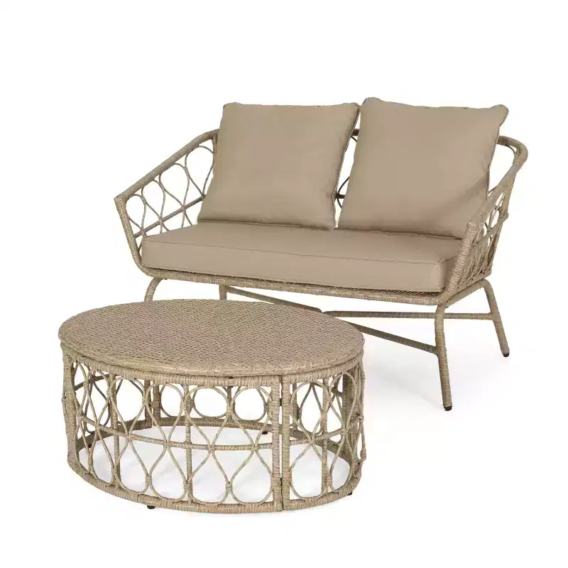 GDFStudio Colmar Outdoor Wicker Loveseat and Coffee Table Set with Cushions, Light Brown/Beige