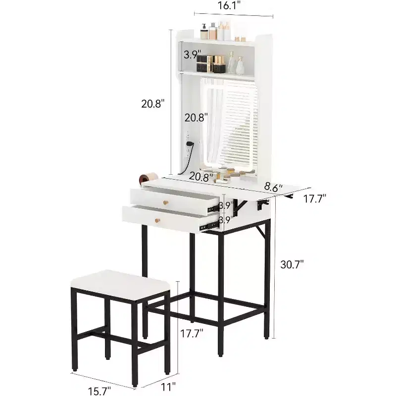 Acekool Mini Makeup Vanity Desk with Lighted Mirror, Foldable Side Panel, Hair Dryer Holder, 2 Drawers, Compact Dressing Table for Small Spaces