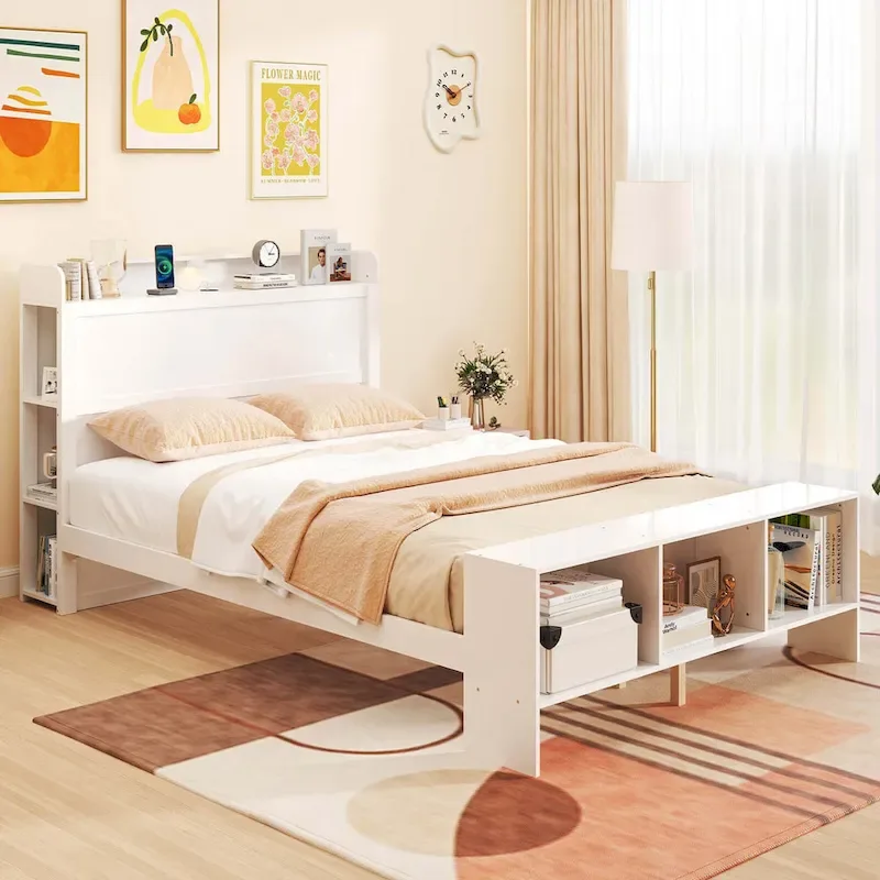 Twin/Full Size Bed Frame with Storage Headboard & Footboard