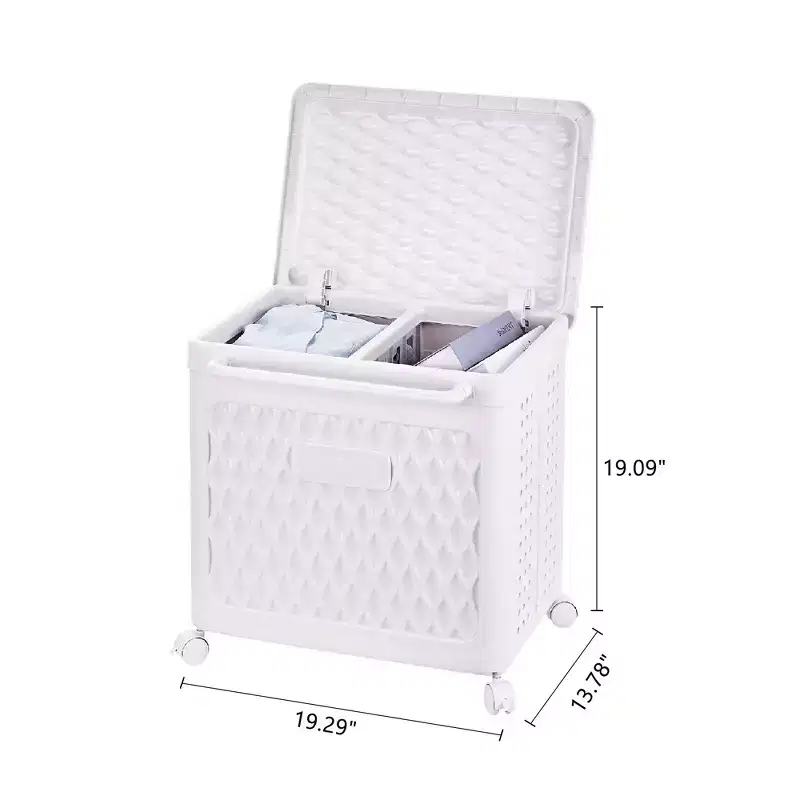 Laundry Hamper with Wheels & Lid, Plastic Laundry Basket with Handle, Rolling Laundry Bin for Laundry Room or Bathroom, White