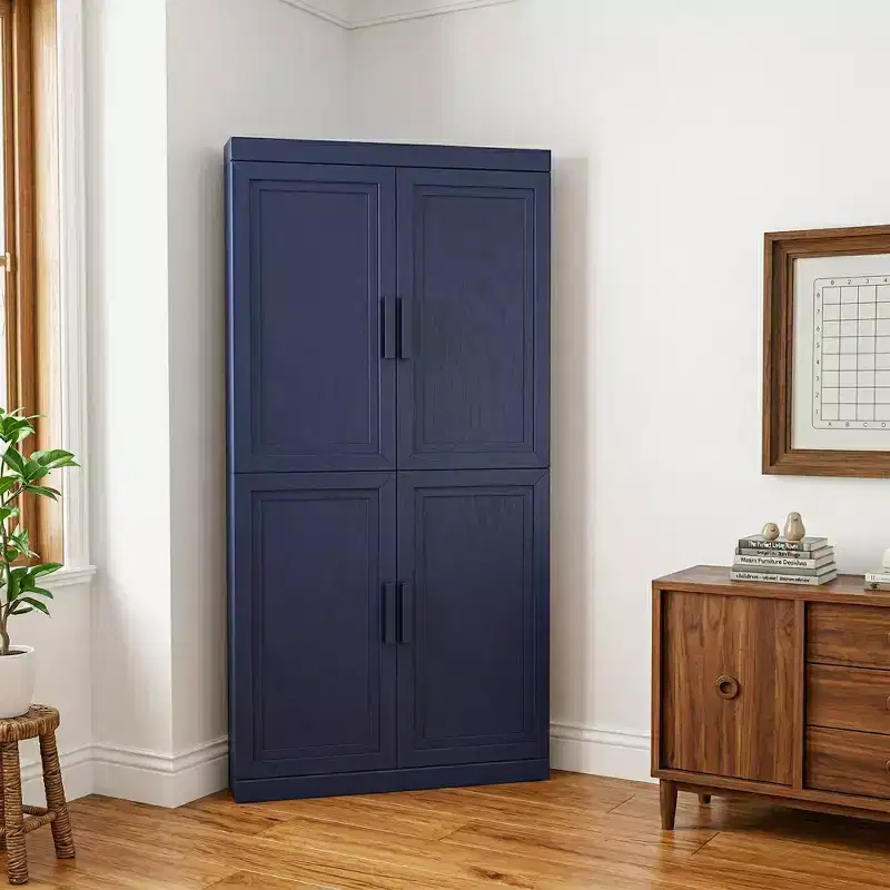 PexFix Corner Storage Cabinet Freestanding 4-Door Corner Pantry Cabinet with Adjustable Shelves Anti-Scratch Corner Organizer with Cable Management
