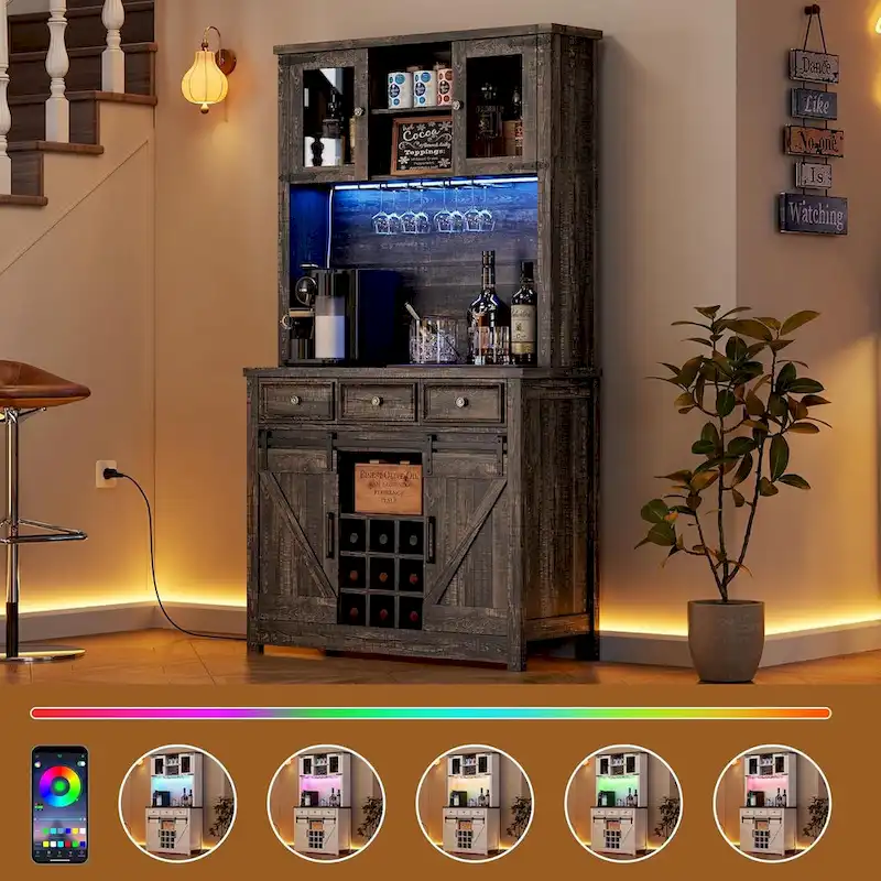 Modern Farmhouse Coffee Bar Cabinet with LED Lights & Power Outlets, Kitchen Cabinet