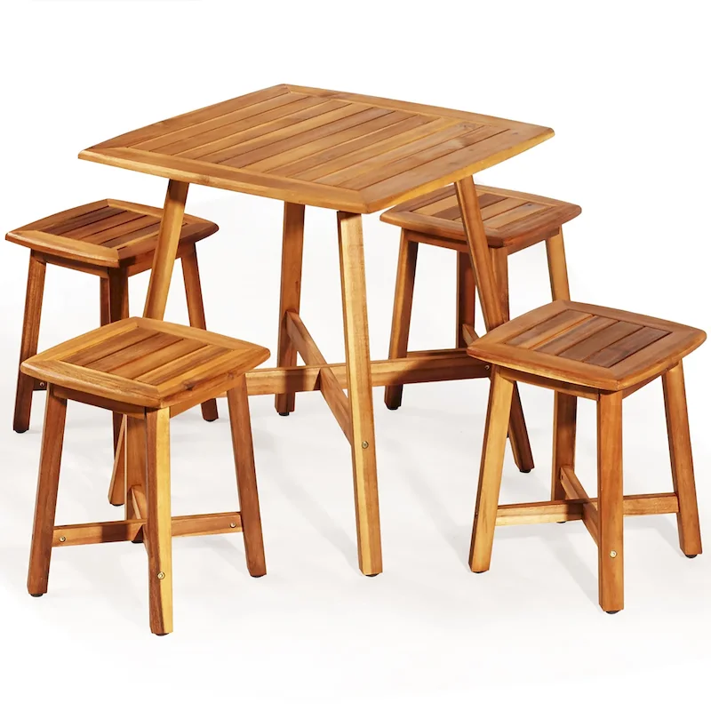 Costway 5PCS Acacia Patio Dining Set W/Square Table & 4 Stools Reddish