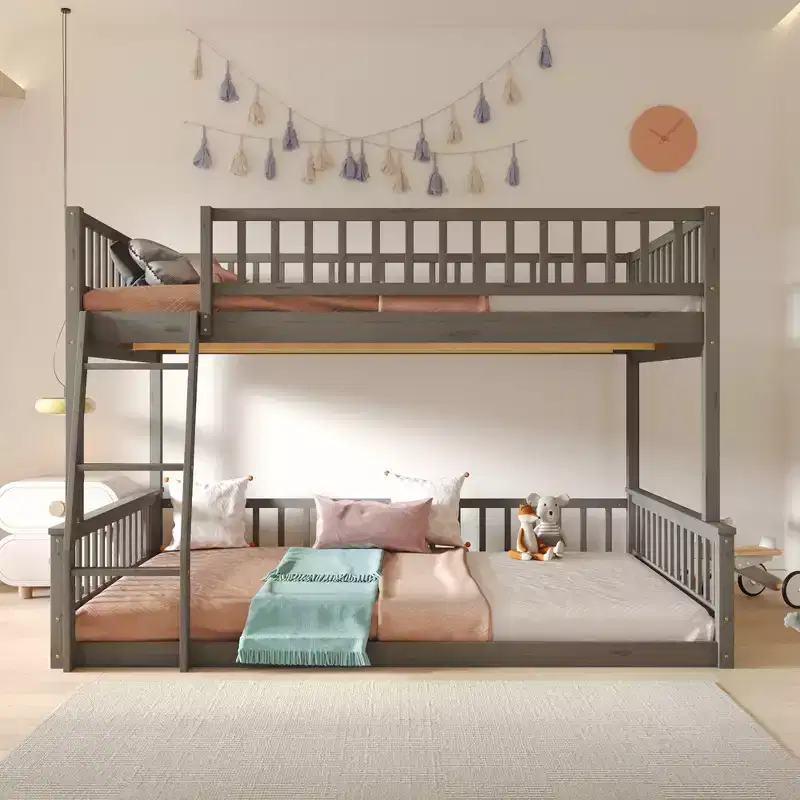 GDFStudio Carol Guardrails and Convertible Design Wood Bunk Bed with Ladder
