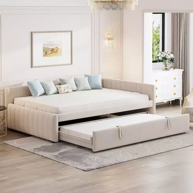Whisen Upholstered Full Size L-Shaped Daybed with Twin Size Pop Up Trundle