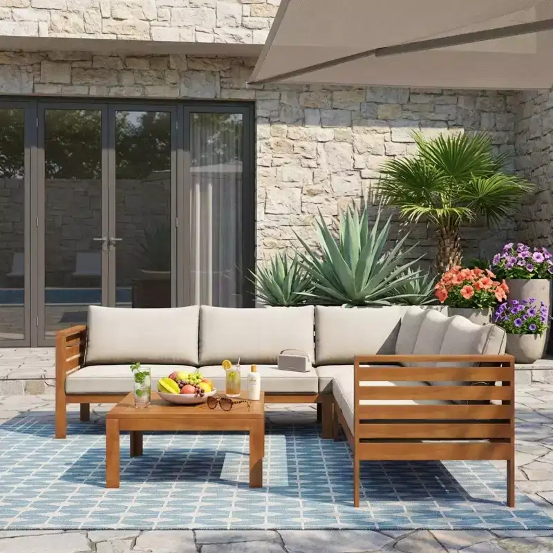 Polibi Acacia Corner Outdoor Sofa Set with Matching Coffee Table