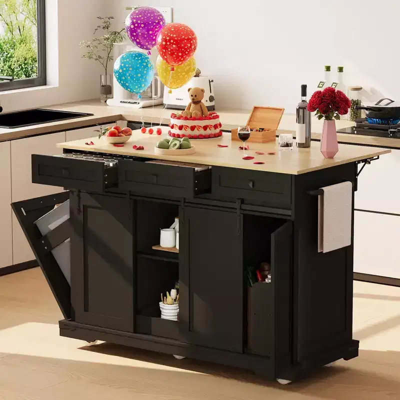 54 Kitchen Island with Power Outlet, Drop Leaf & Trash Cabinet, Rolling Kitchen Cart with 2 Sliding Barn Doors, 3 Drawers, Large Coffee Bar Table
