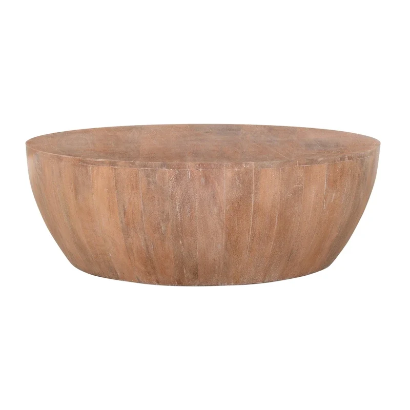 Round Mango Wood Coffee Table with Plank Base, Distressed Brown