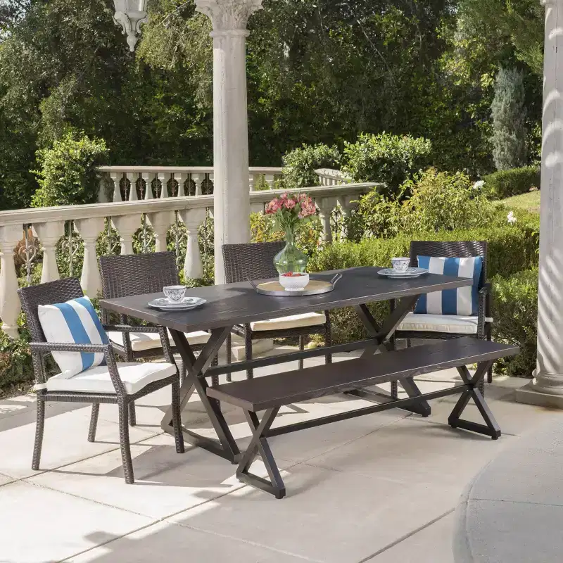 Christopher Knight Home Aisha Outdoor Wicker and Aluminum 6 Piece Dining Set with Bench, Multibrown/Brown