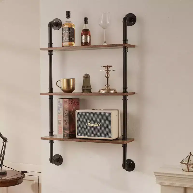 VEVOR Industrial Pipe Shelf, 3 Tier 24x7.87in, Wall-Mount Floating Rustic Wood Shelves Bracket Display Bookshelf, Storage Rack Sundries Holder,Black