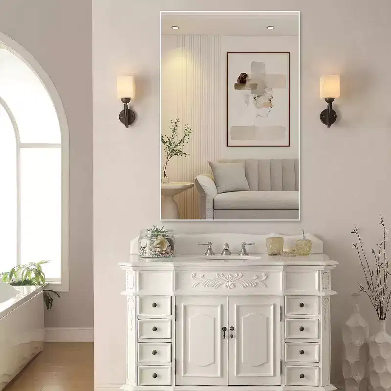 48x32 Modern White Frame Bathroom Mirror: Oversized, Aluminum, Wall Mounted, Vertical/Horizontal