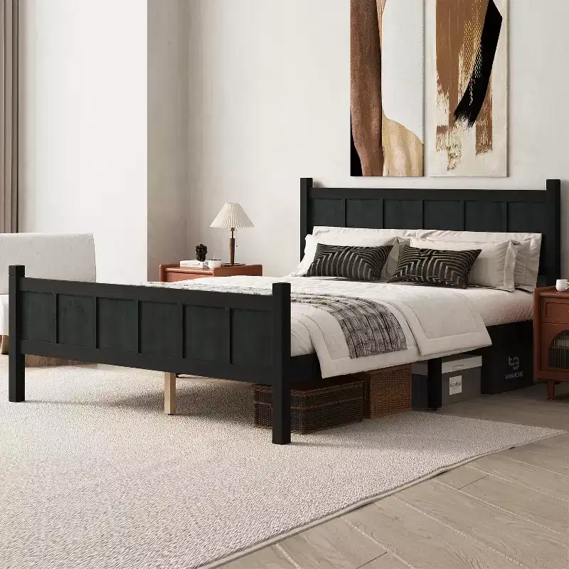 Queen Flat Panel Platform Bed with Headboard and Footboard, Wood Grain Shaker Farmhouse Bed Frame, Black