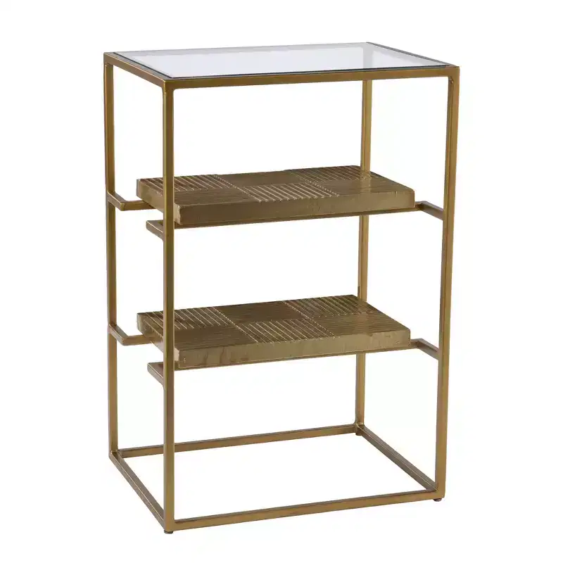 HomeRoots 24 Brass Glass And Iron Rectangular End Table With Two Shelves