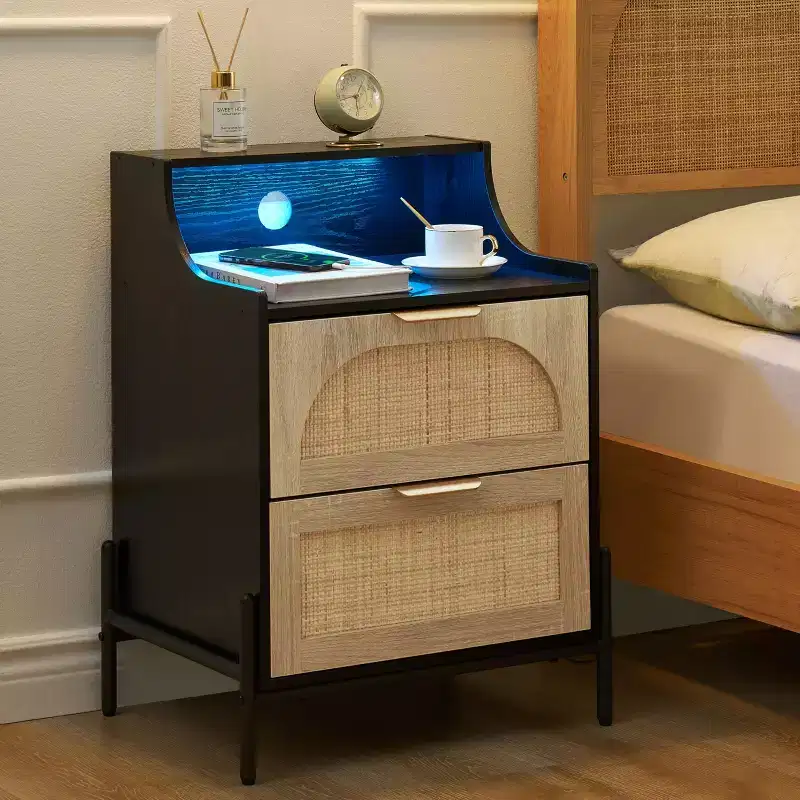 2-Pack Wooden Rattan Nightstand - Bedside Table with Charging Station, LED Lights, USB Ports & Outlets, Modern for Bedroom, Living Room