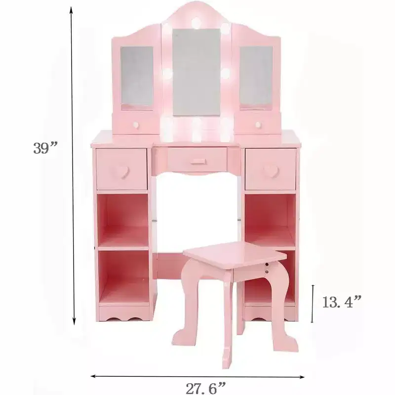 Girls Vanity with Tri-Fold Mirror, 2-in-1 Wooden Dressing Table and Stool, Princess Pretend Play Makeup Desk with Drawer for Little Girls