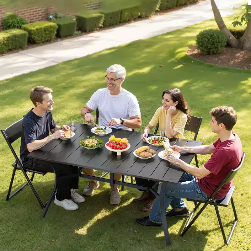 VEVOR Outdoor Patio Dining Table, 59 inch Long Rectangular Metal Steel Slat Backyard Bistro Tables for 4-6, with 1.5 in Umbrella Hole, Black