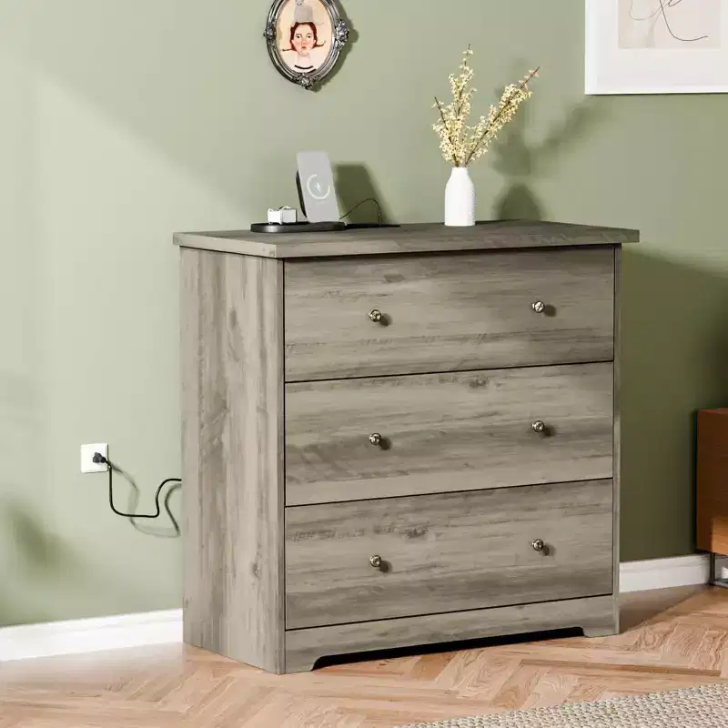 VINGLI Dresser with Charging Station, 3 Drawer Wood Dresser, Gray Dresser, Chest of Drawers Dresser
