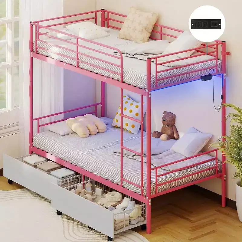 Pink Twin-over-Twin Metal Bunk Bed with Storage Drawers, LED Lights & USB Charging, 2-Person