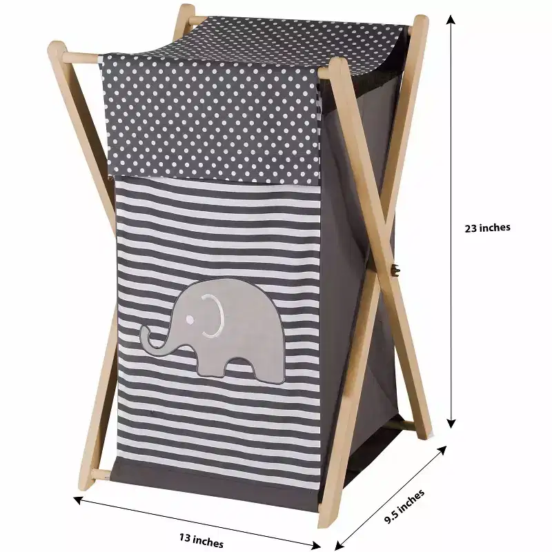 Elephants White/Gray Laundry Hamper with Wooden Frame