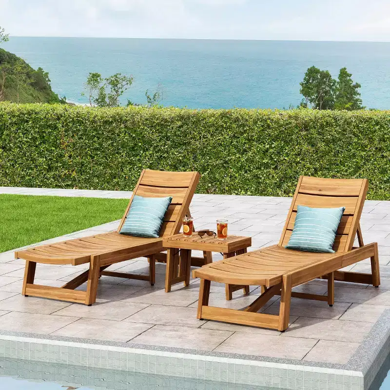 Kyoto 3pc Outdoor Acacia Wood Chaise Lounge Set: Adjustable, Water-Resistant - Christopher Knight Home