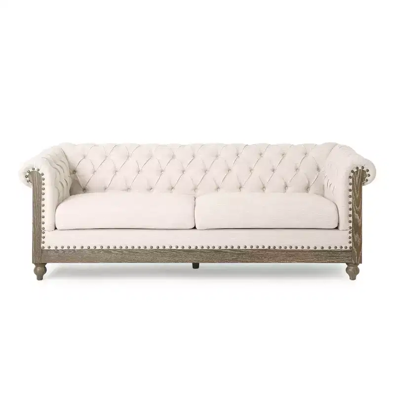 79W 3-Seat Sofa Couch, Retro Wooden Upholstered Tufted Sofa