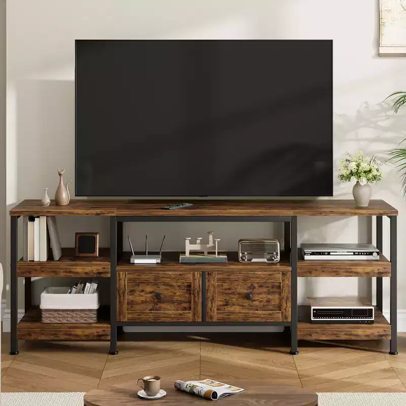 Modern-Industrial TV Stand with Metal Frame & 2 Fabric Drawers