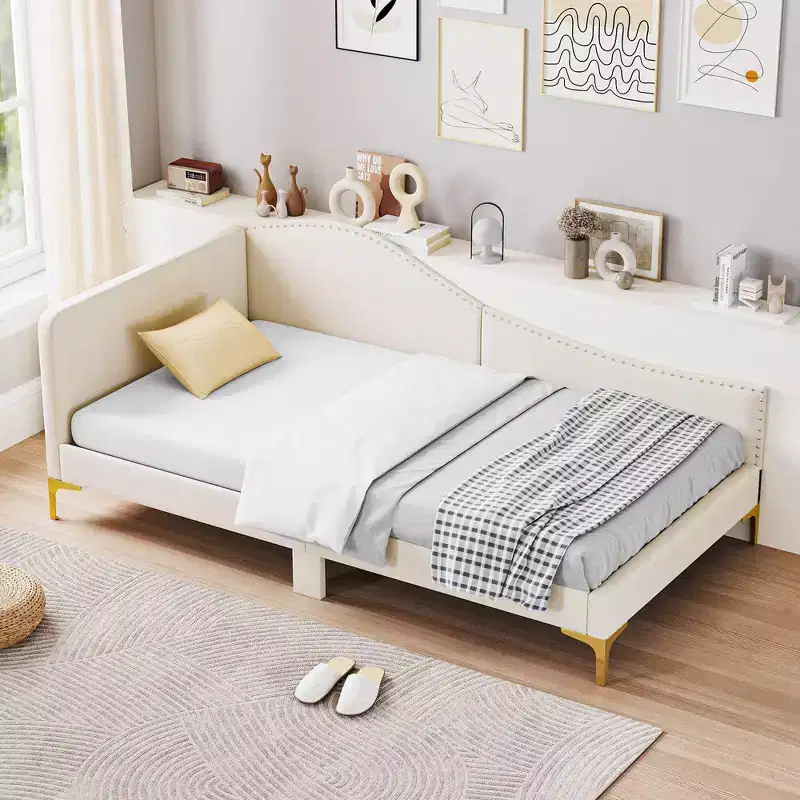 Twin/Full Size Upholstered Daybed, Rivet-Tufted Platform Bed with Metal Legs