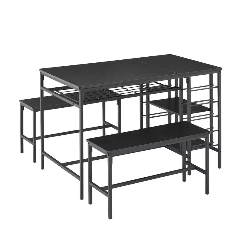 Dining Table Set for 4,Kitchen Table with 2 Benches,Wine Rack and Storage Shelf,Rectangular Dining Room Table Set,for Small Space,Apartment,Dinette