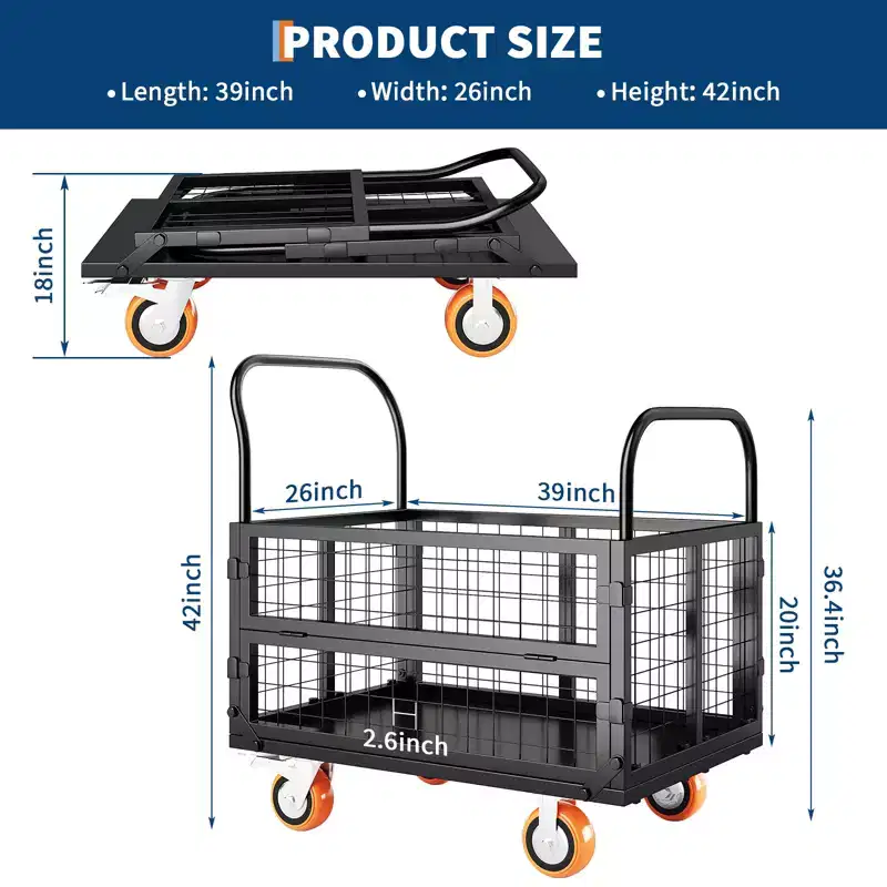 Garvee 6-in-1 Heavy Duty Folding Platform Truck Cart with Removable Mesh Sides and Lockable Wheels, 1800lbs Capacity