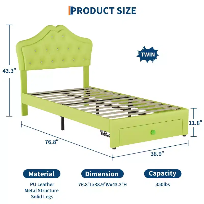 Bed Frame with LED Lights & Velvet Crystal Button Headboard, Upholstered Bed with Storage Drawer, Noise Free, No Box Spring Needed for Kids, Teens