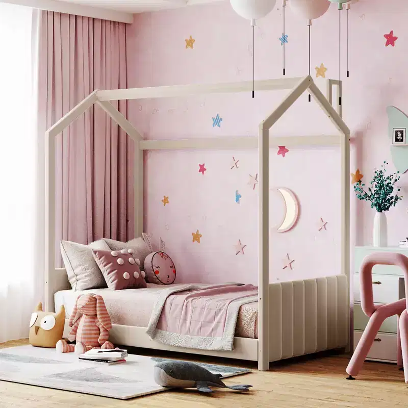 Twin/Full Princess House Bed with Velvet Upholstered Tufted Headboard and Footboard, Kids House Bed Frame with Roof, Beige