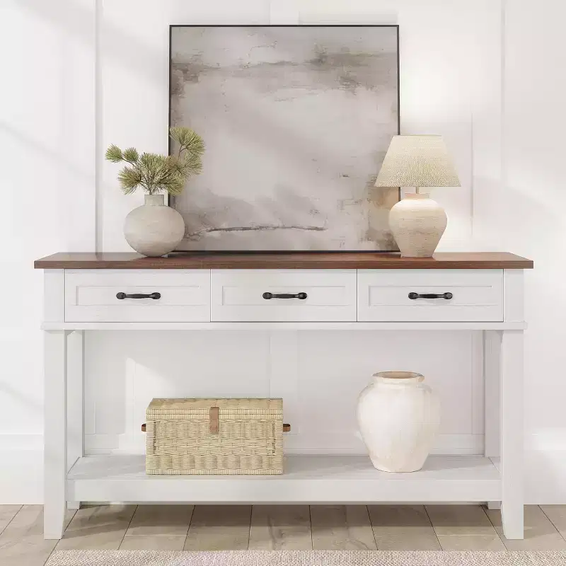 Acekool 54 Farmhouse Entryway Table with 3 Drawers & 2 Open Shelves, Console Table for Living Room or Hallway