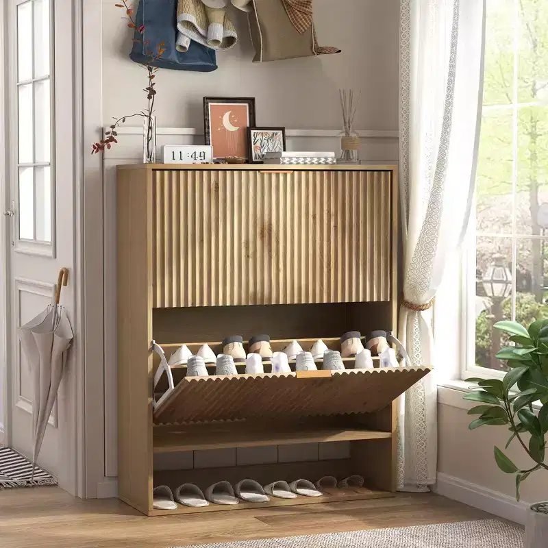 Fluted Shoe Cabinet Storage for Entryway with 2 Flip Drawers & Bottom Open Shelf, Narrow Shoe Rack Cabinet with Side Hooks
