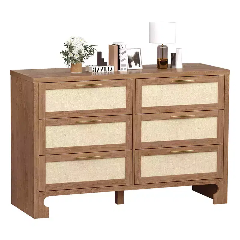 6 Drawers Dresser for Bedroom, Mid Century Modern Dresser Wooden Burlap Dressers, Storage Cabinet