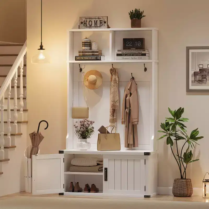76 White Farmhouse Hall Tree with Bench, Shoe Storage, 5 Tri-Hooks Coat Rack, Adjustable Shelf, Mudroom Entryway Organizer, Space-Saving, White