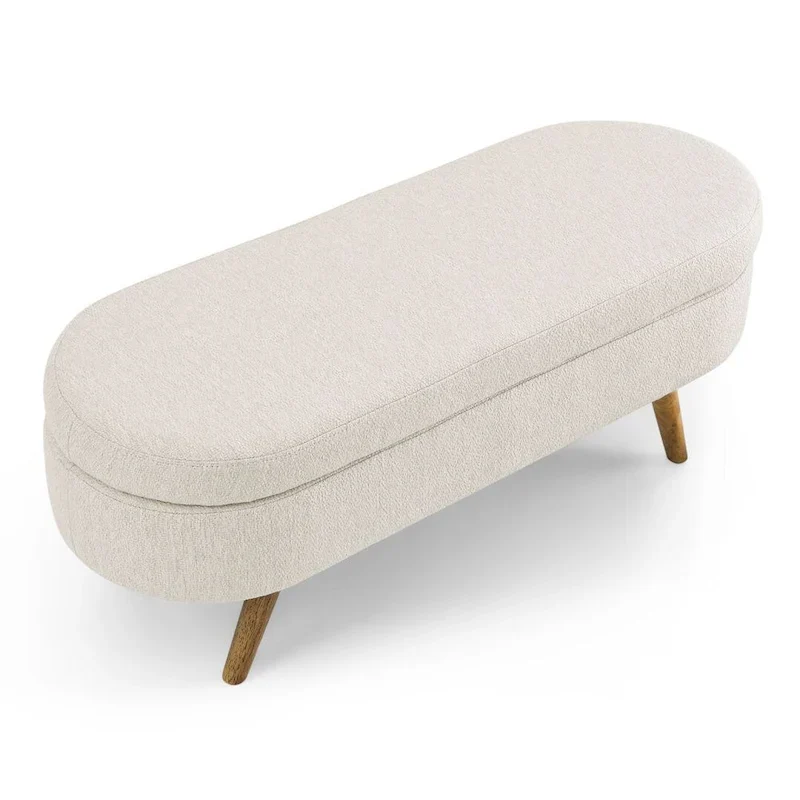 43-Inch Oval Upholstered Storage Bench - Beige Linen