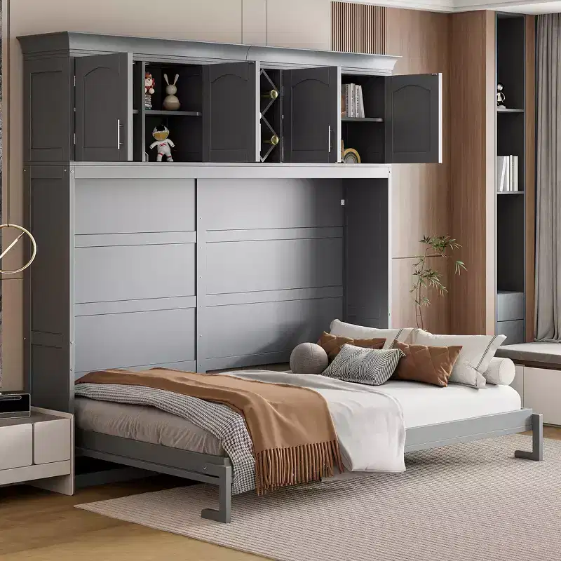 Queen Size Murphy Bed Wall Bed with Top Cabinets & Wine Rack - ModernLuxe